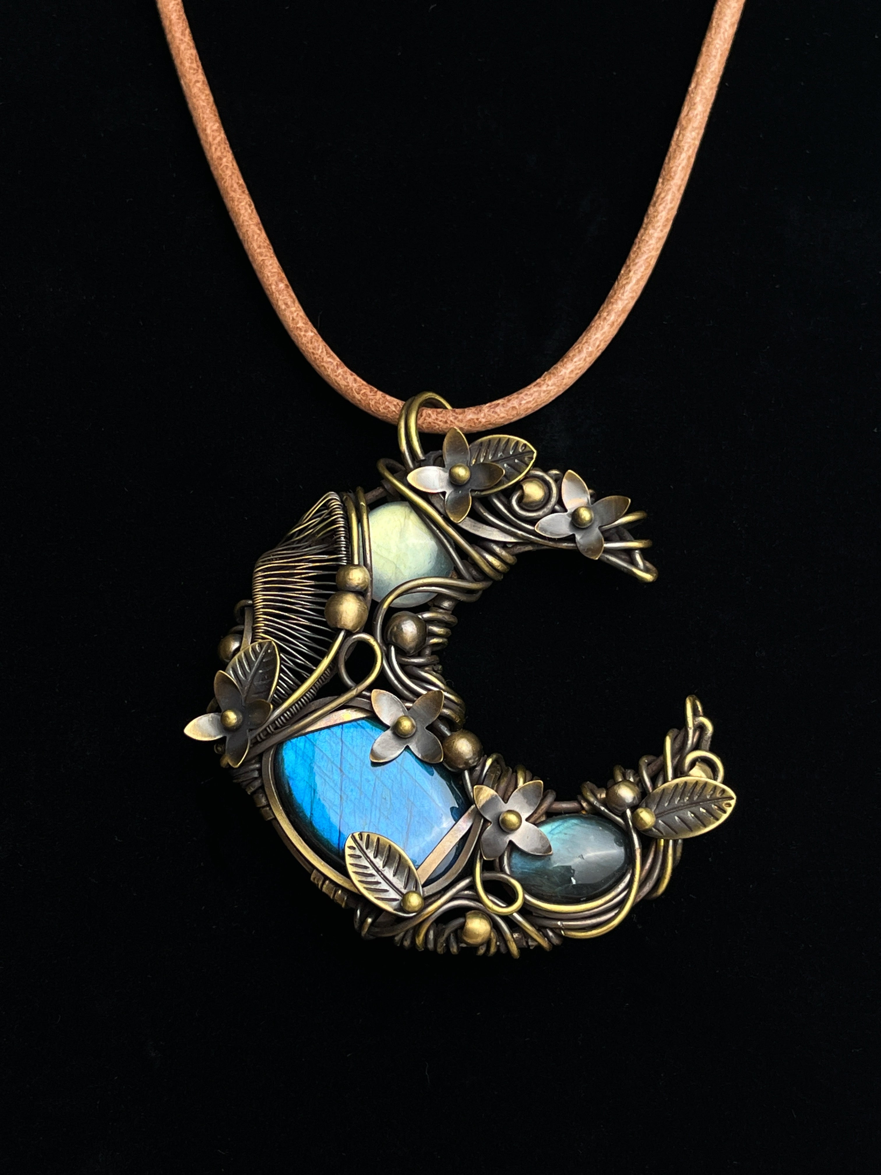 Floral crescent labradorite pendant wrapped in antiqued brass wire1