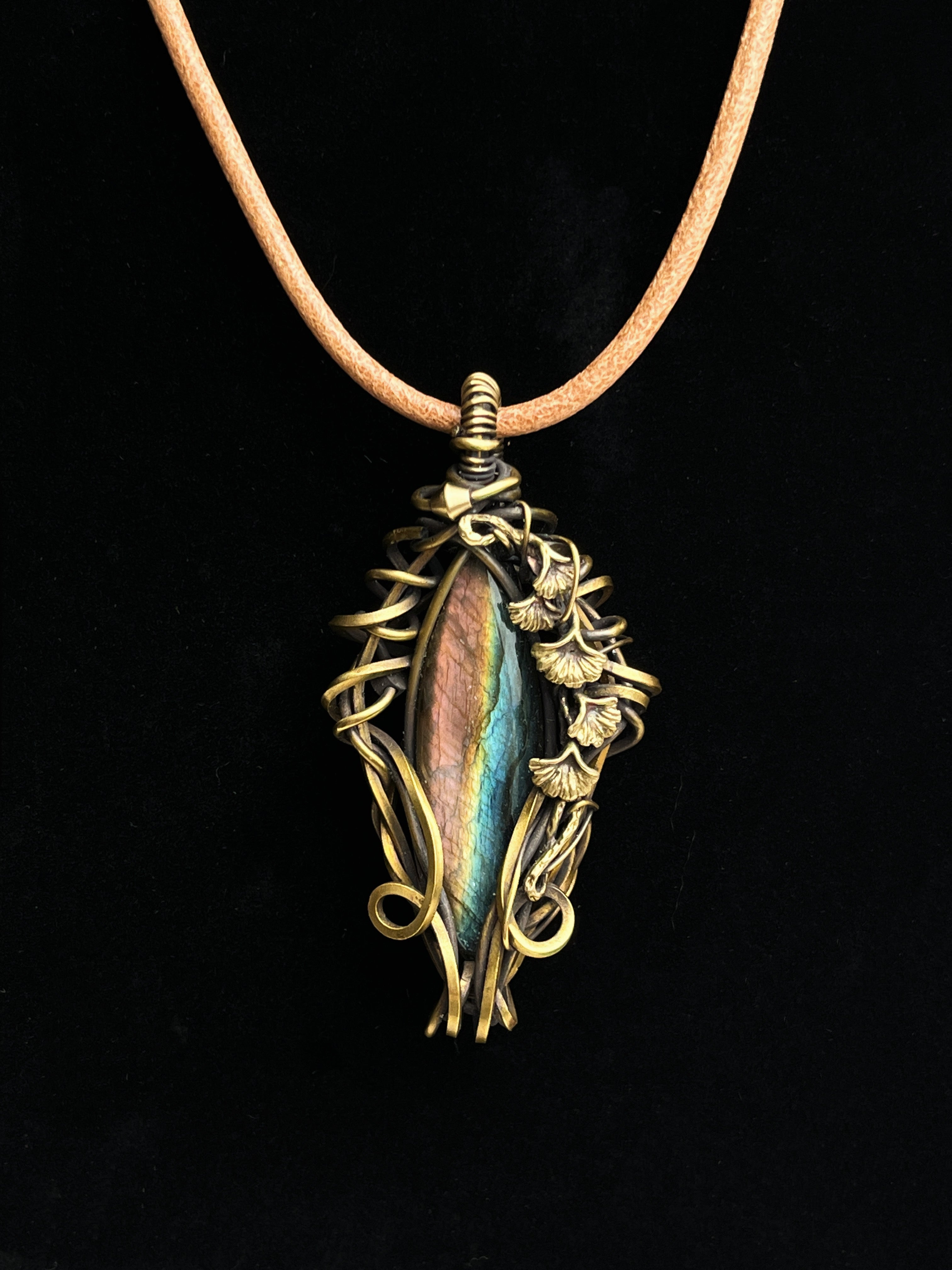Labradorite pendant with antiqued brass ginkgo leaf and vine wirework
