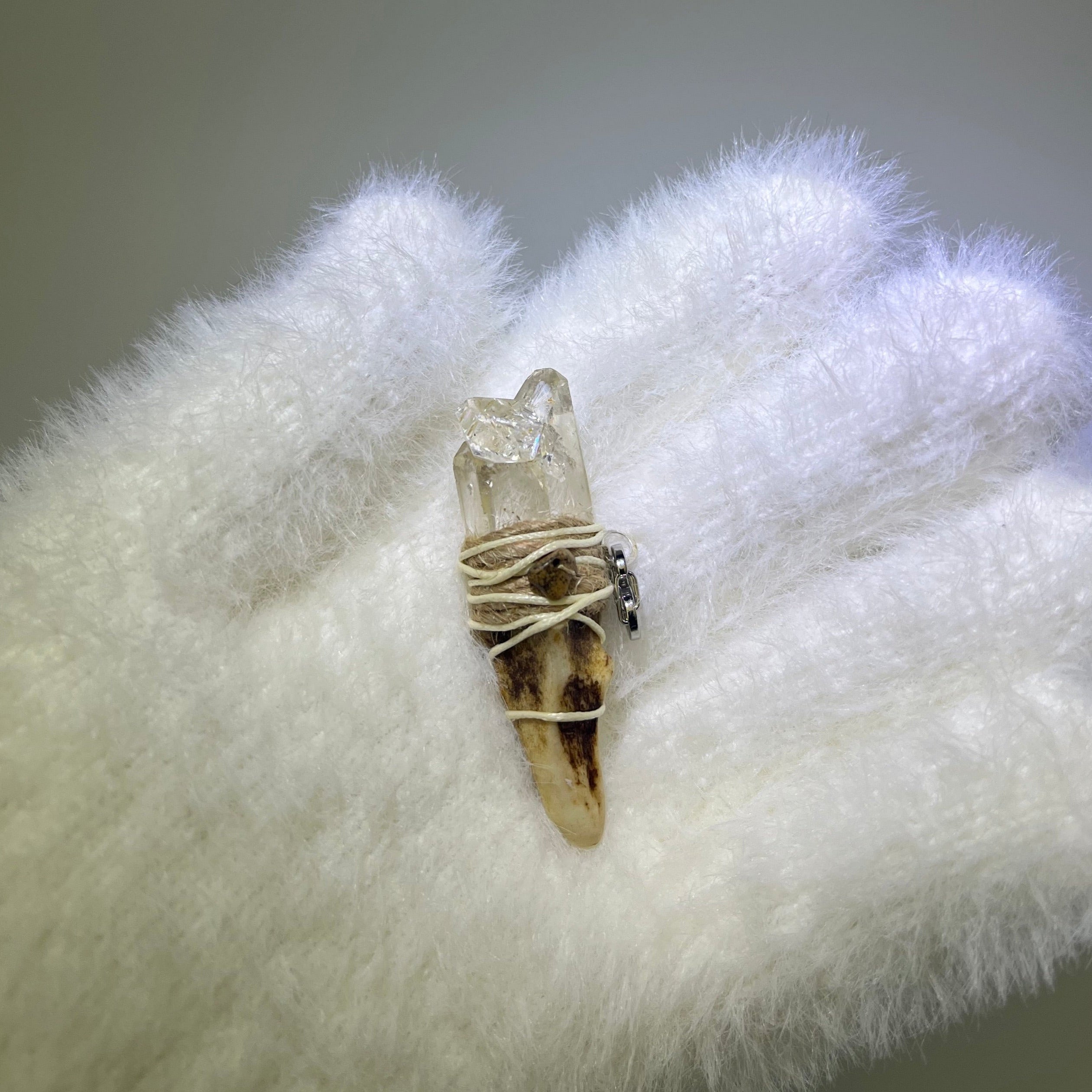 Crystal Blossom Phantom Quartz antler pendant with Picture Jasper accent, ivory thread wrap, and rainbow inclusion