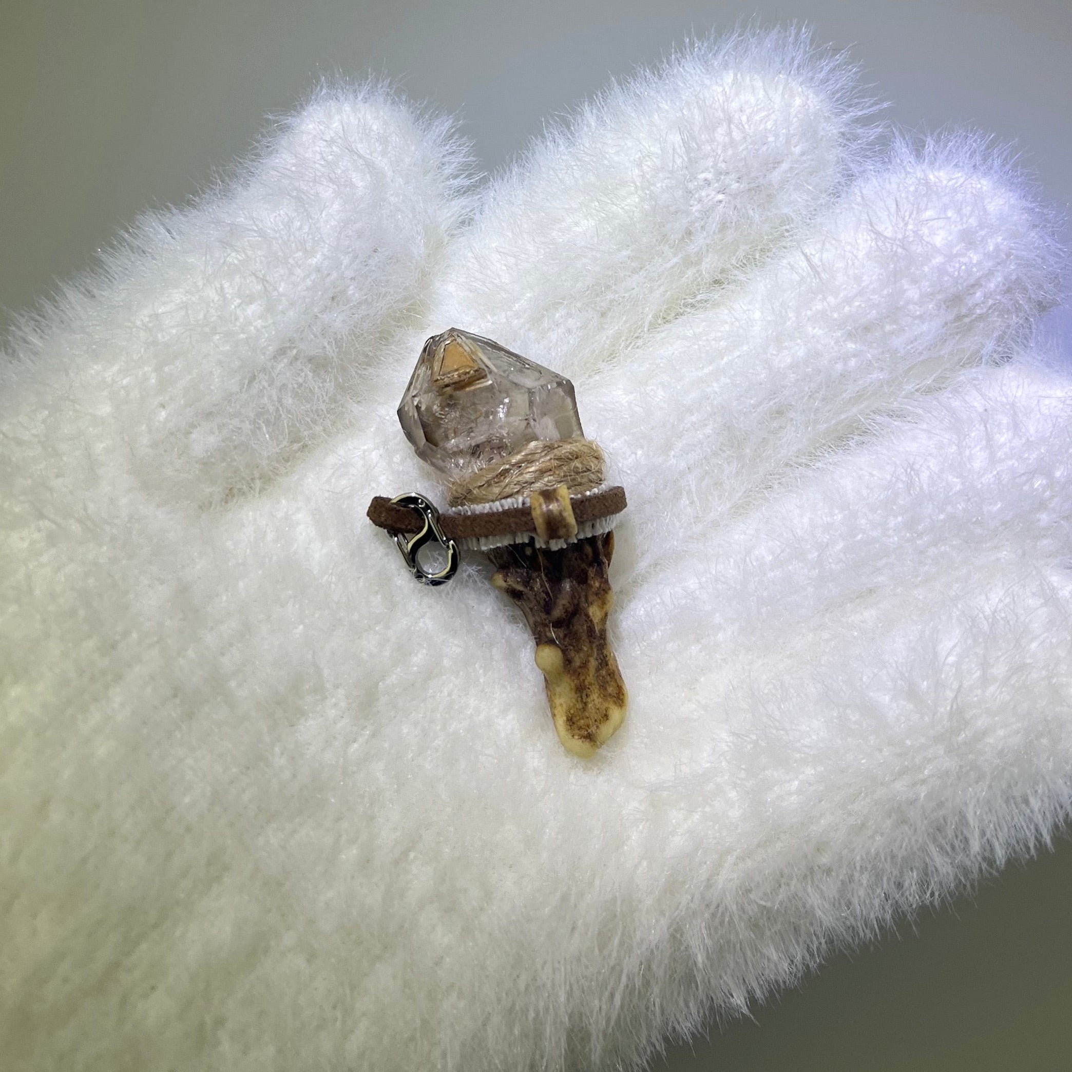 Namibian Skeletal Phantom Quartz Antler Pendant with coconut shell accent wrapped in beige and brown thread