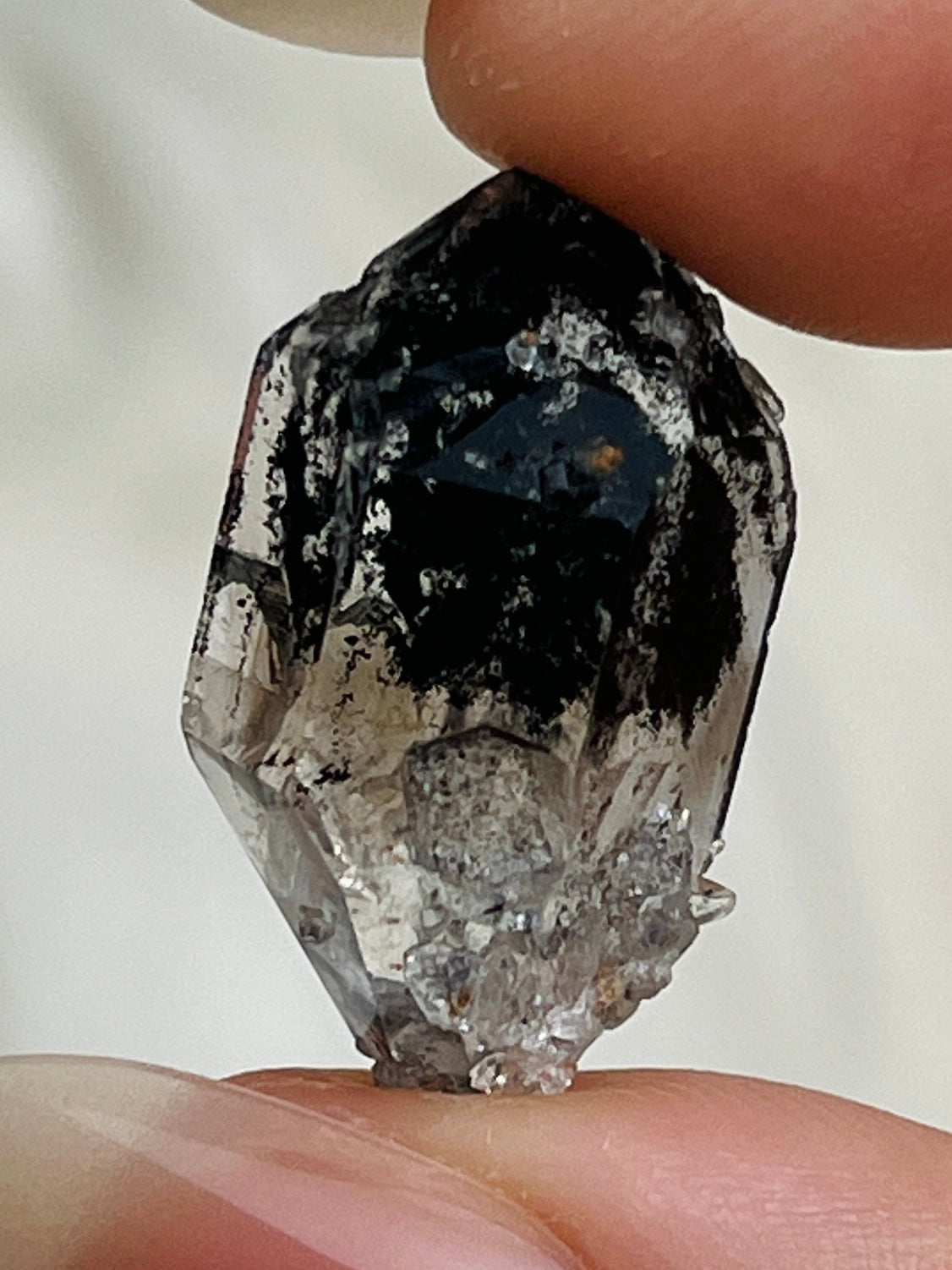 Smoky Chongqing Diamond Quartz cluster with natural key mark and rider crystals from China