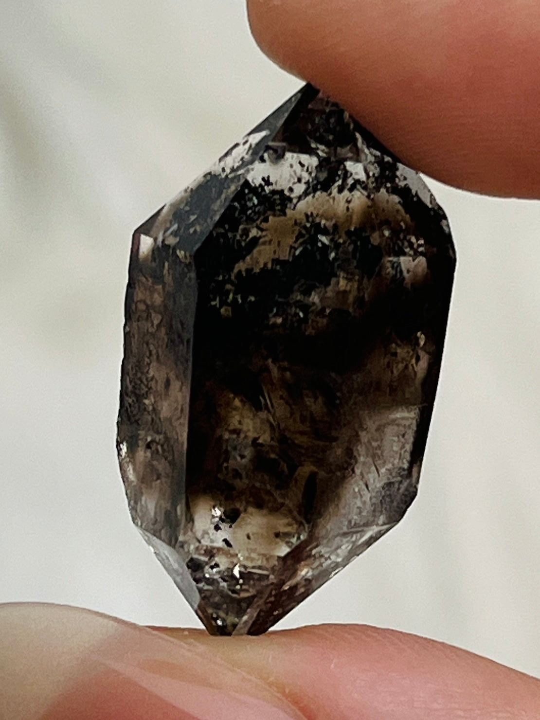 Smoky Chongqing Diamond Quartz with Isis face, Time Link window, calcite inclusion, and rider crystals from China