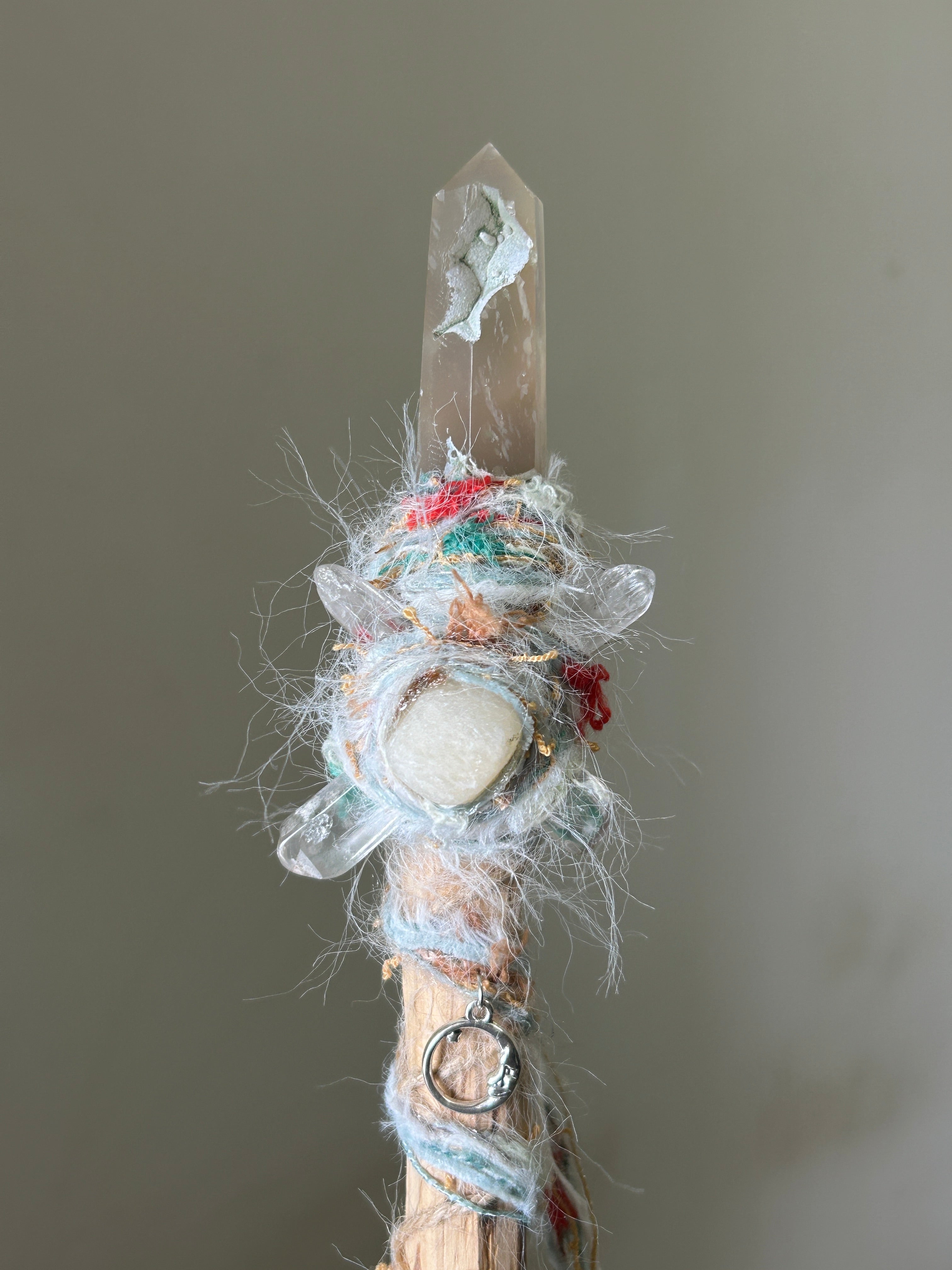 Close-up of cherry blossom agate point with yellow calcite and quartz