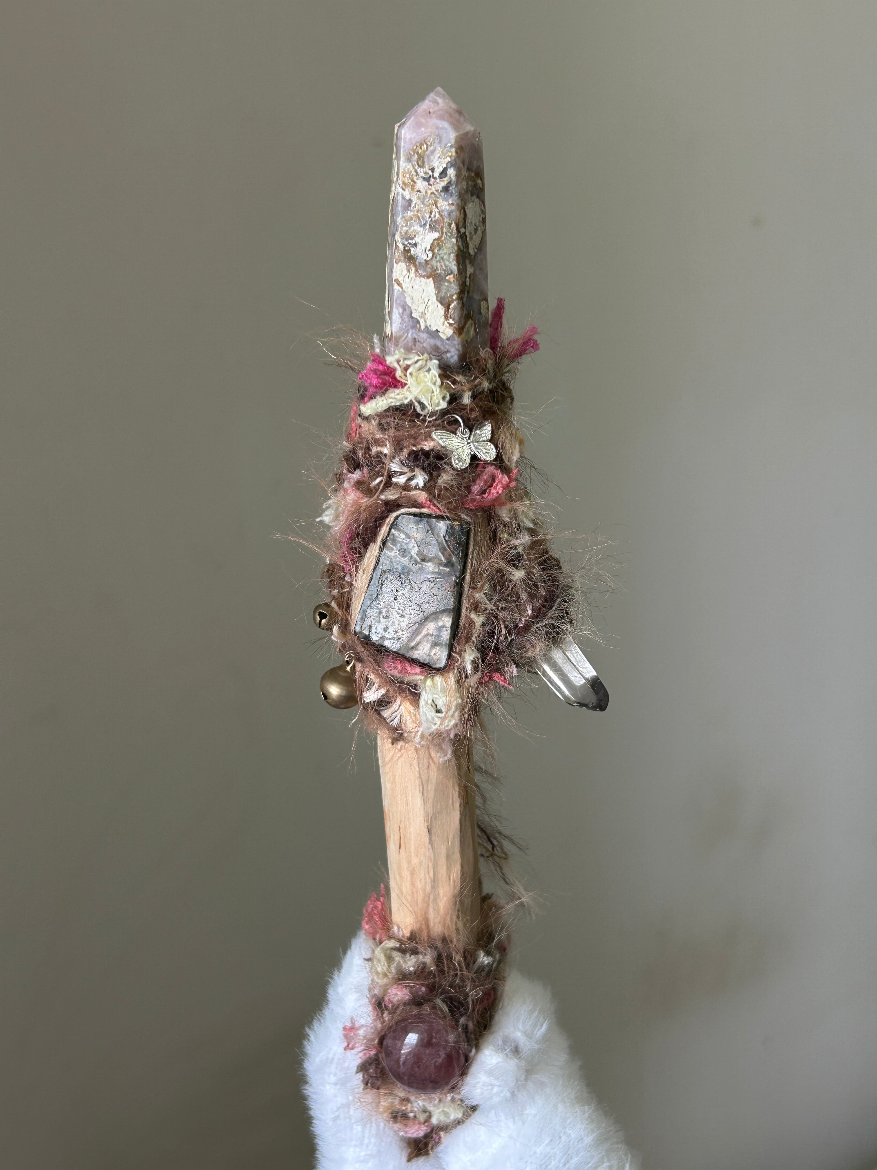 Front view of birch wand with sakura agate and labradorite accents