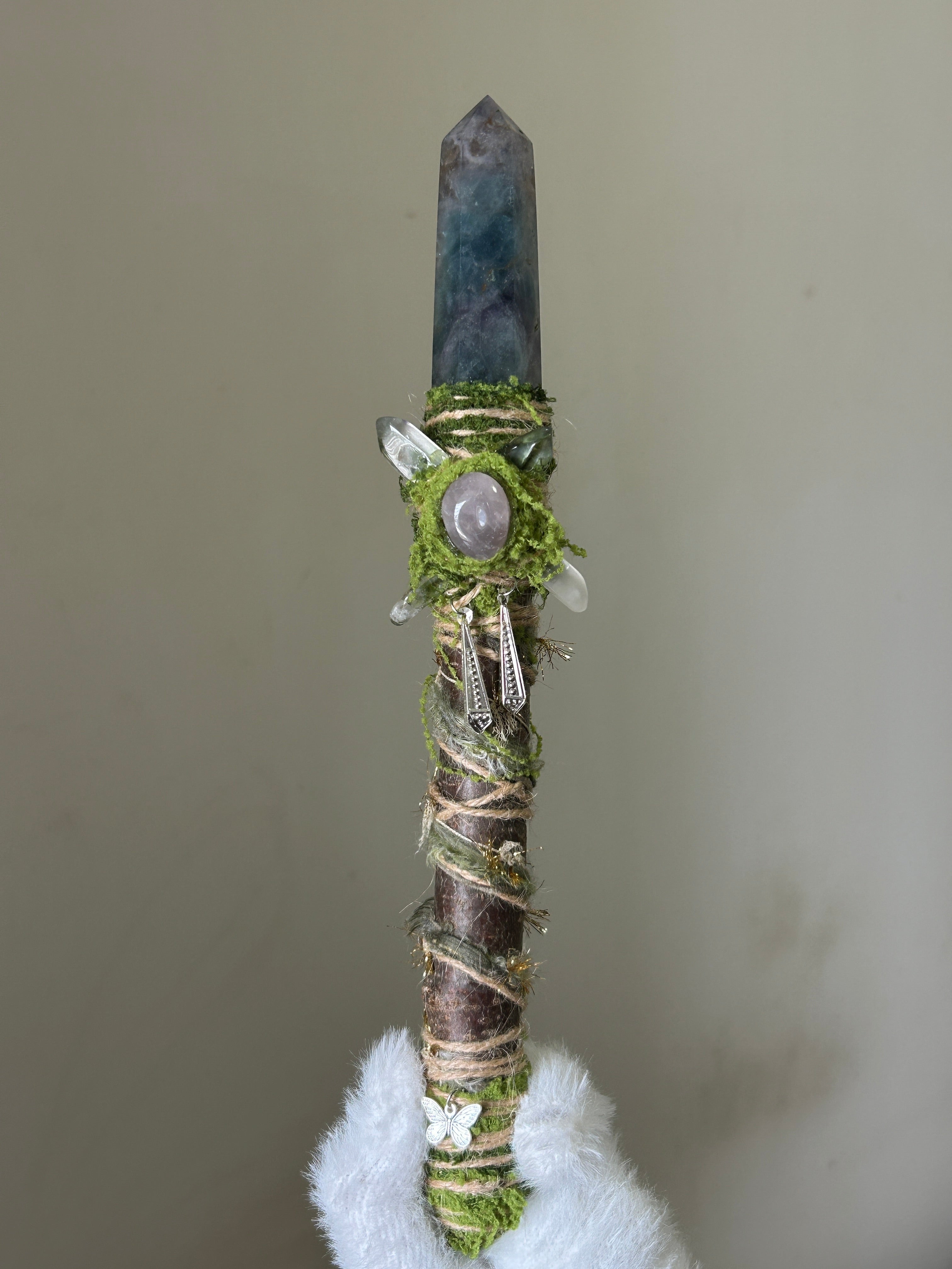 Front view of willow wand with green fluorite and rose quartz accents
