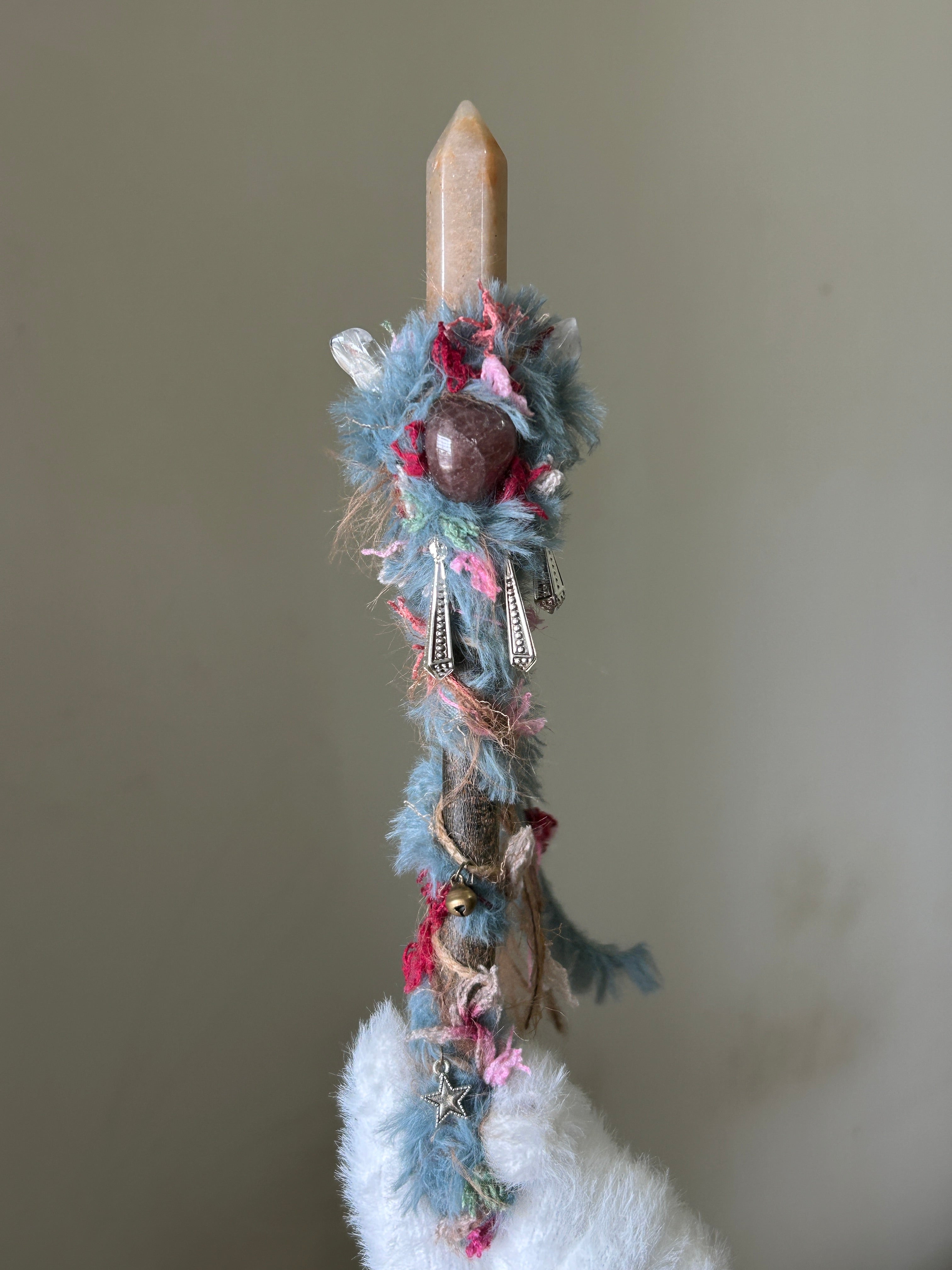 Front view of willow wand with yellow aventurine and strawberry quartz