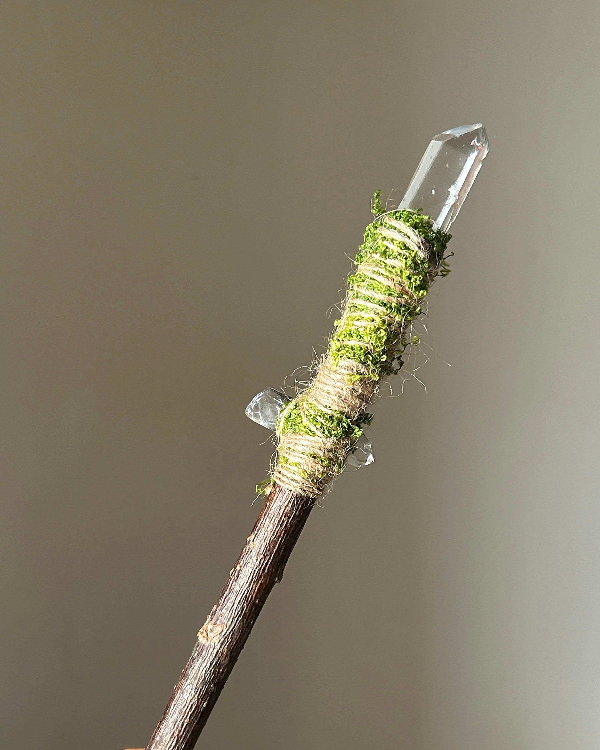 Back view of a willow wood wand showing grain, moss binding, and clear quartz crystals