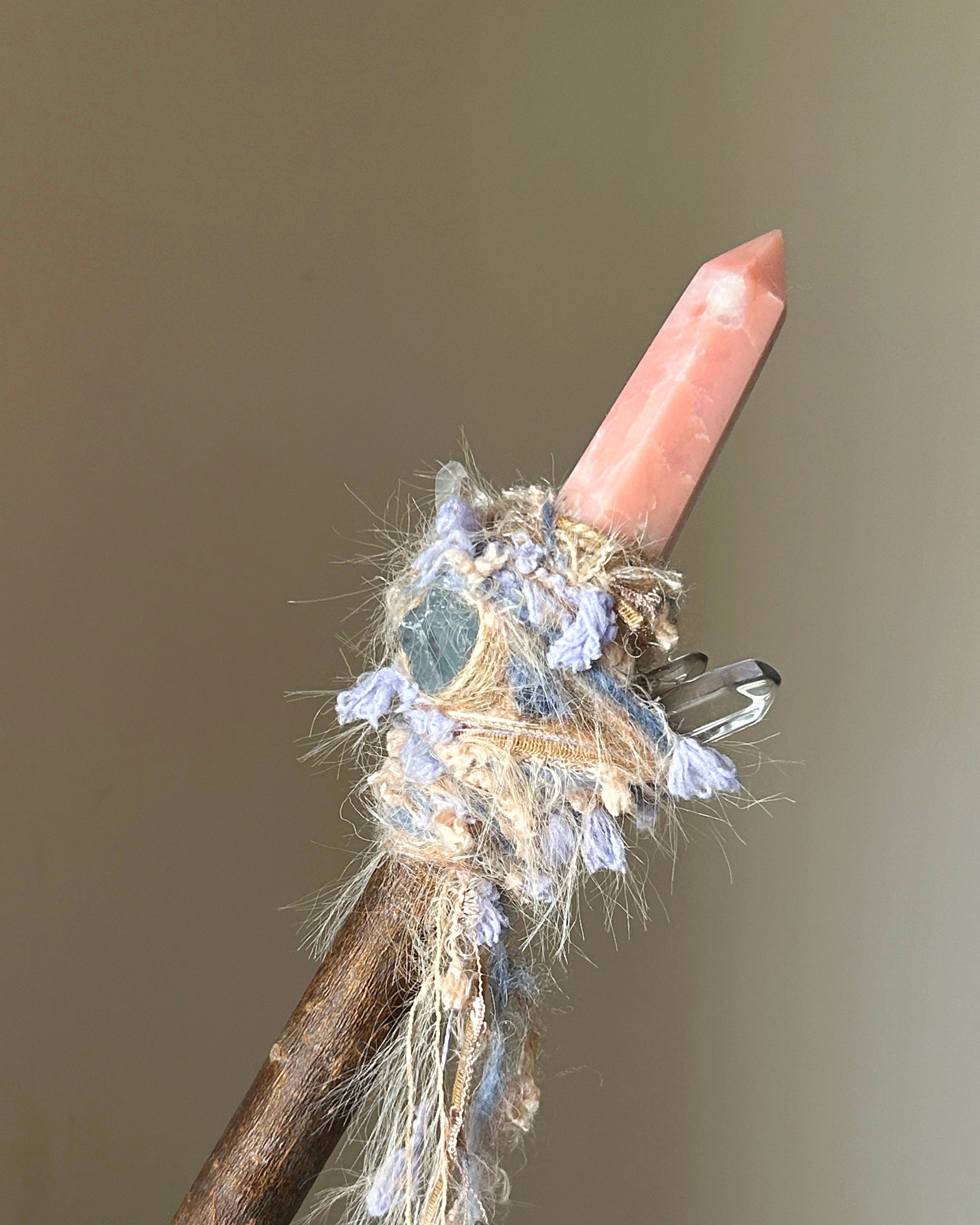 Back view showing blue apatite and quartz points in dreamy fiber wrapping