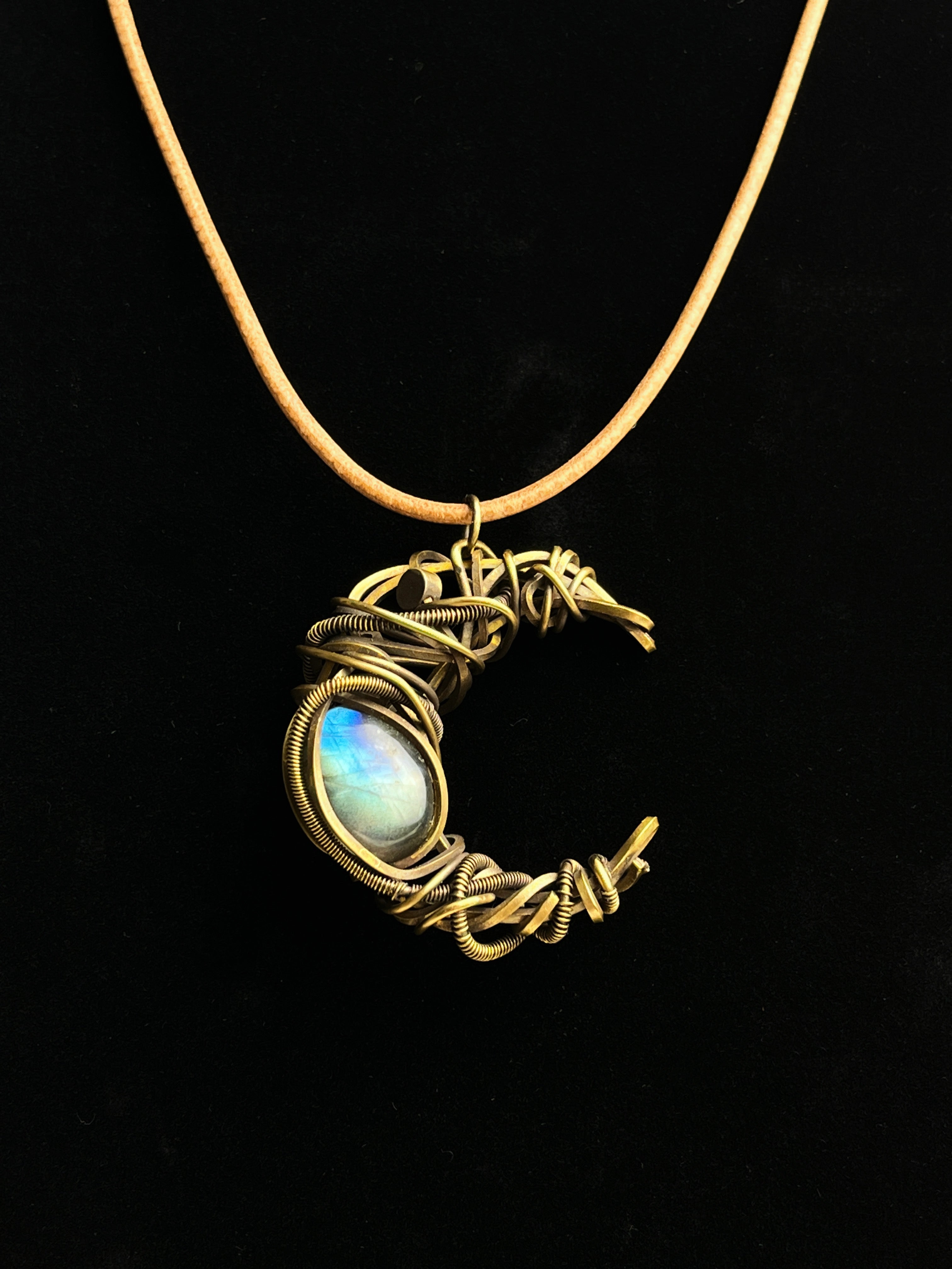 Antiqued brass crescent moon labradorite pendant with wire-wrapped design