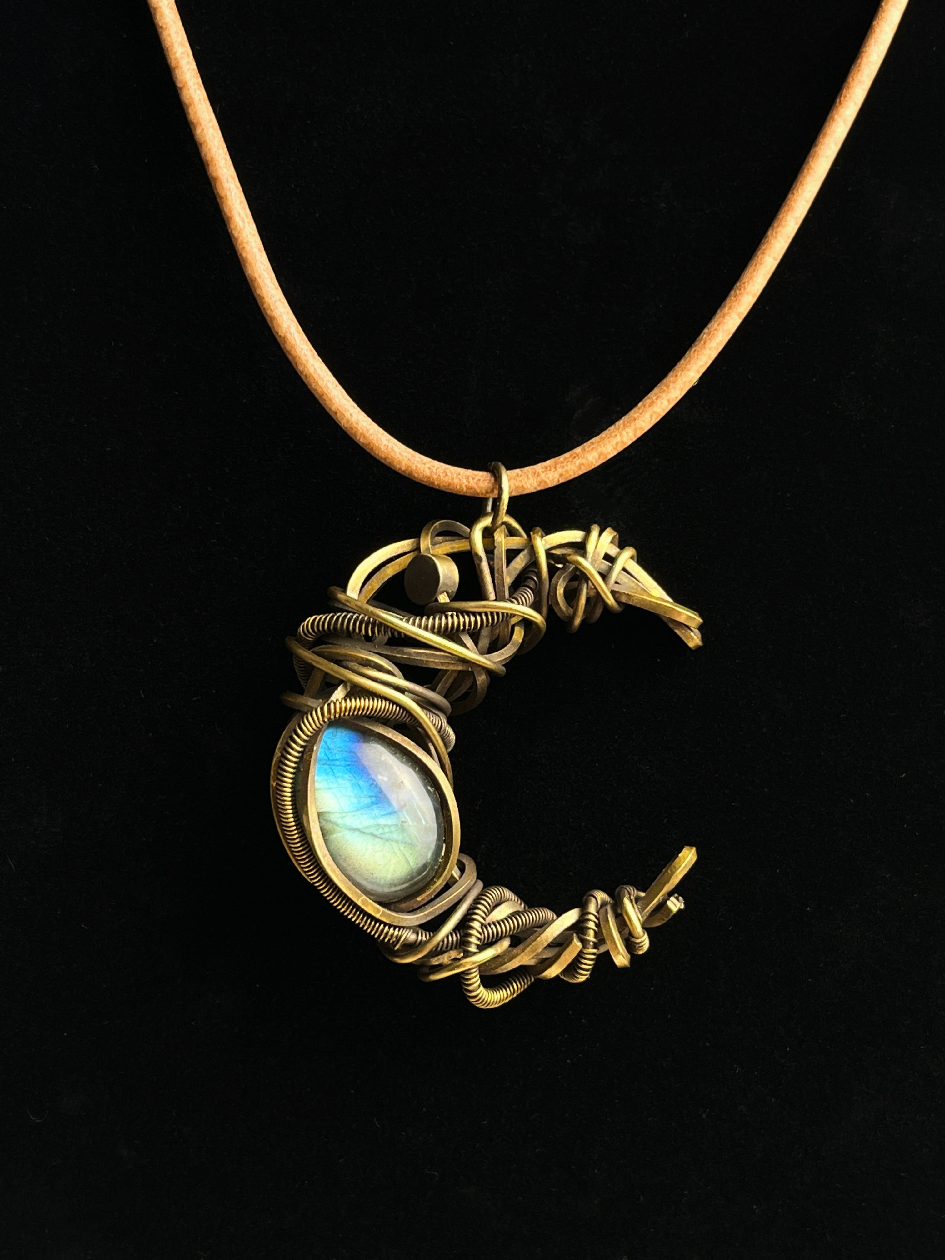 Antiqued brass crescent moon labradorite pendant with wire-wrapped design1