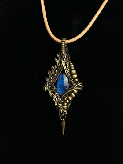 Blue-flash labradorite pendant with antiqued brass branch and leaf wirework1
