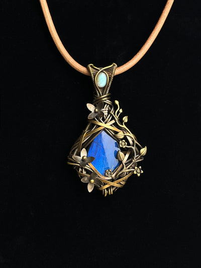 Blue-flash labradorite pendant with antiqued brass floral vine wirework1
