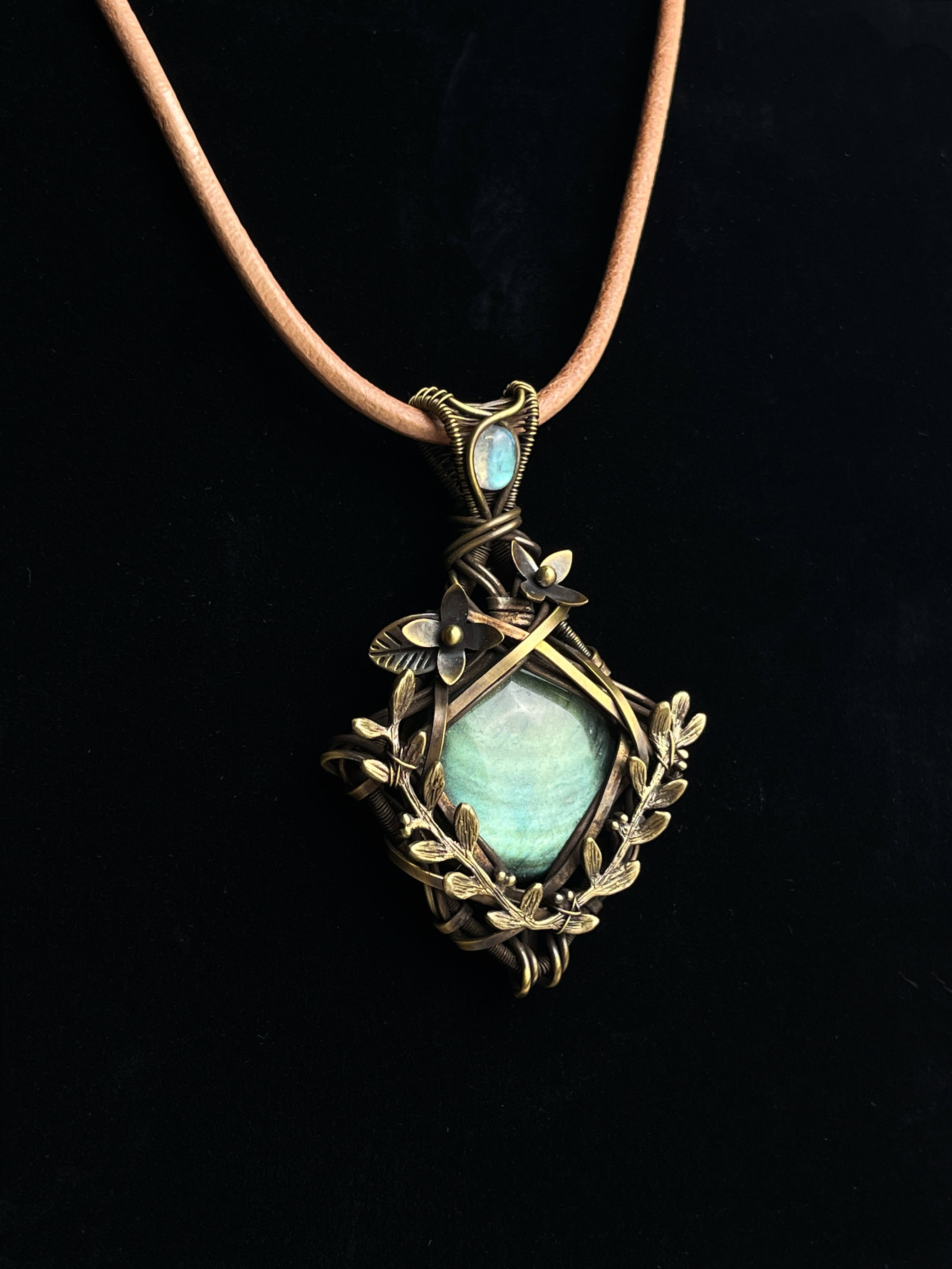 Floral antiqued brass labradorite pendant with handcrafted wire wrapping