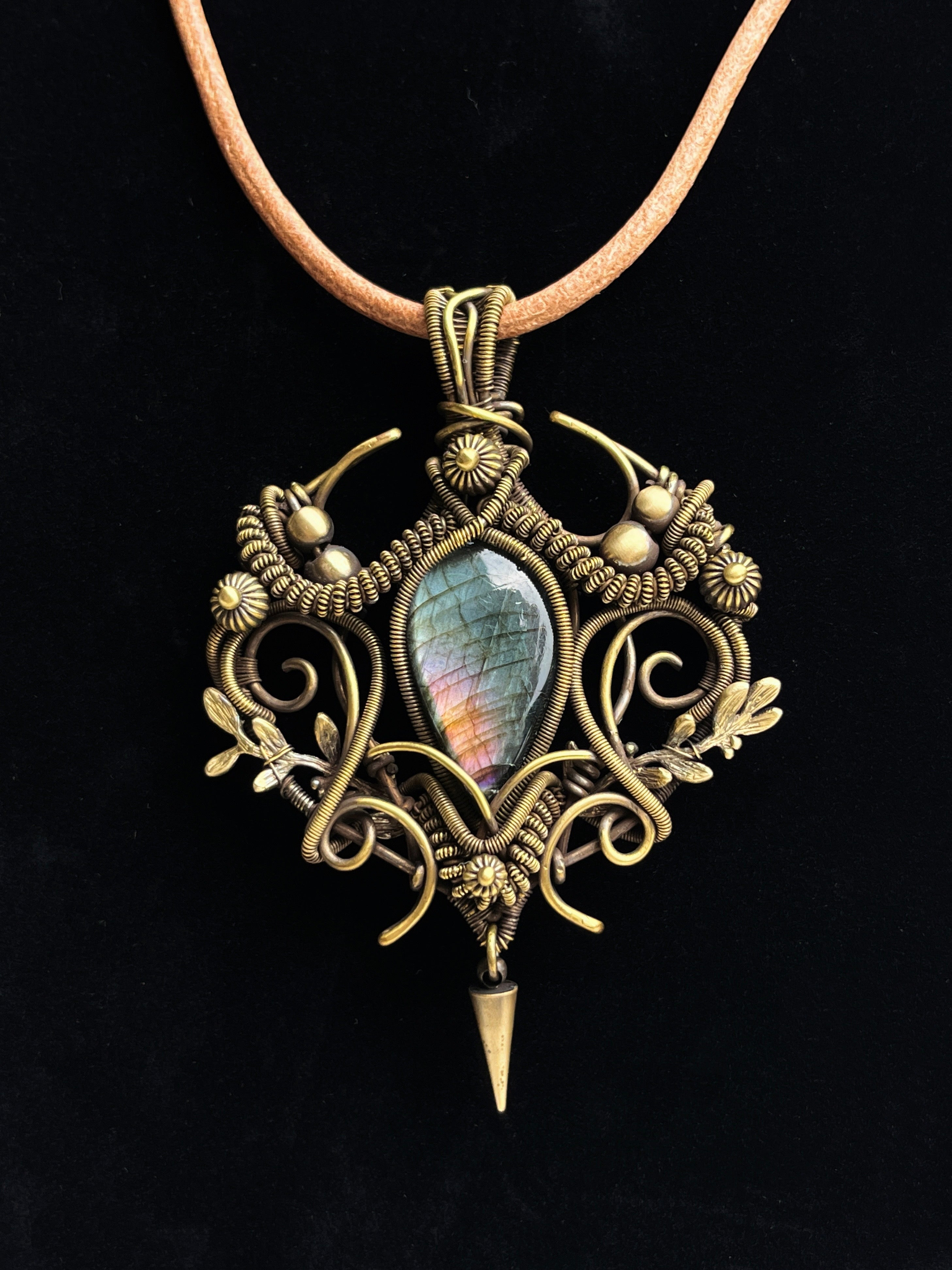 Hand-wrapped labradorite pendant with antiqued brass floral wirework