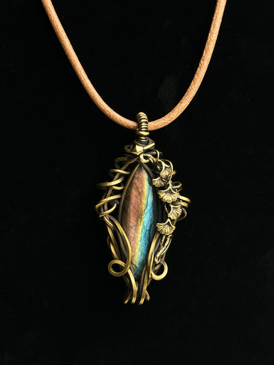 Labradorite pendant with antiqued brass ginkgo leaf and vine wirework1