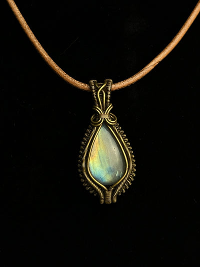 Teardrop labradorite pendant wrapped in antiqued brass wire