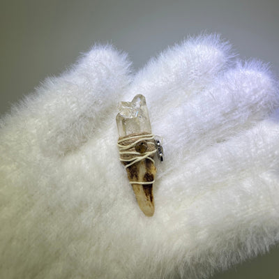 Crystal Blossom Phantom Quartz antler pendant with Picture Jasper accent, ivory thread wrap, and rainbow inclusion