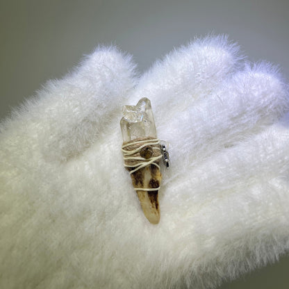 Crystal Blossom Phantom Quartz antler pendant with Picture Jasper accent, ivory thread wrap, and rainbow inclusion