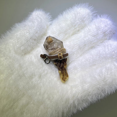Namibian Skeletal Phantom Quartz Antler Pendant with coconut shell accent wrapped in beige and brown thread