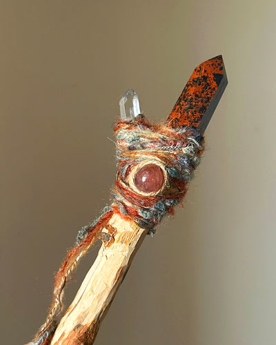 Front view of handcrafted wand with mahogany obsidian and strawberry quartz