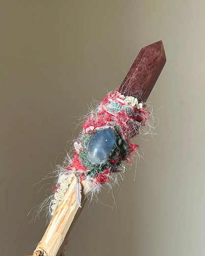 Front view of birch wand with strawberry quartz and blue kyanite