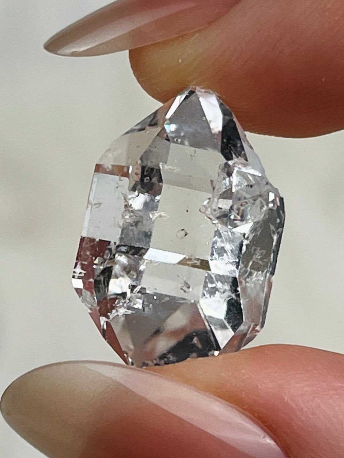 Water-clear Chongqing Diamond Quartz cluster with calcite inclusion and bright clarity from China