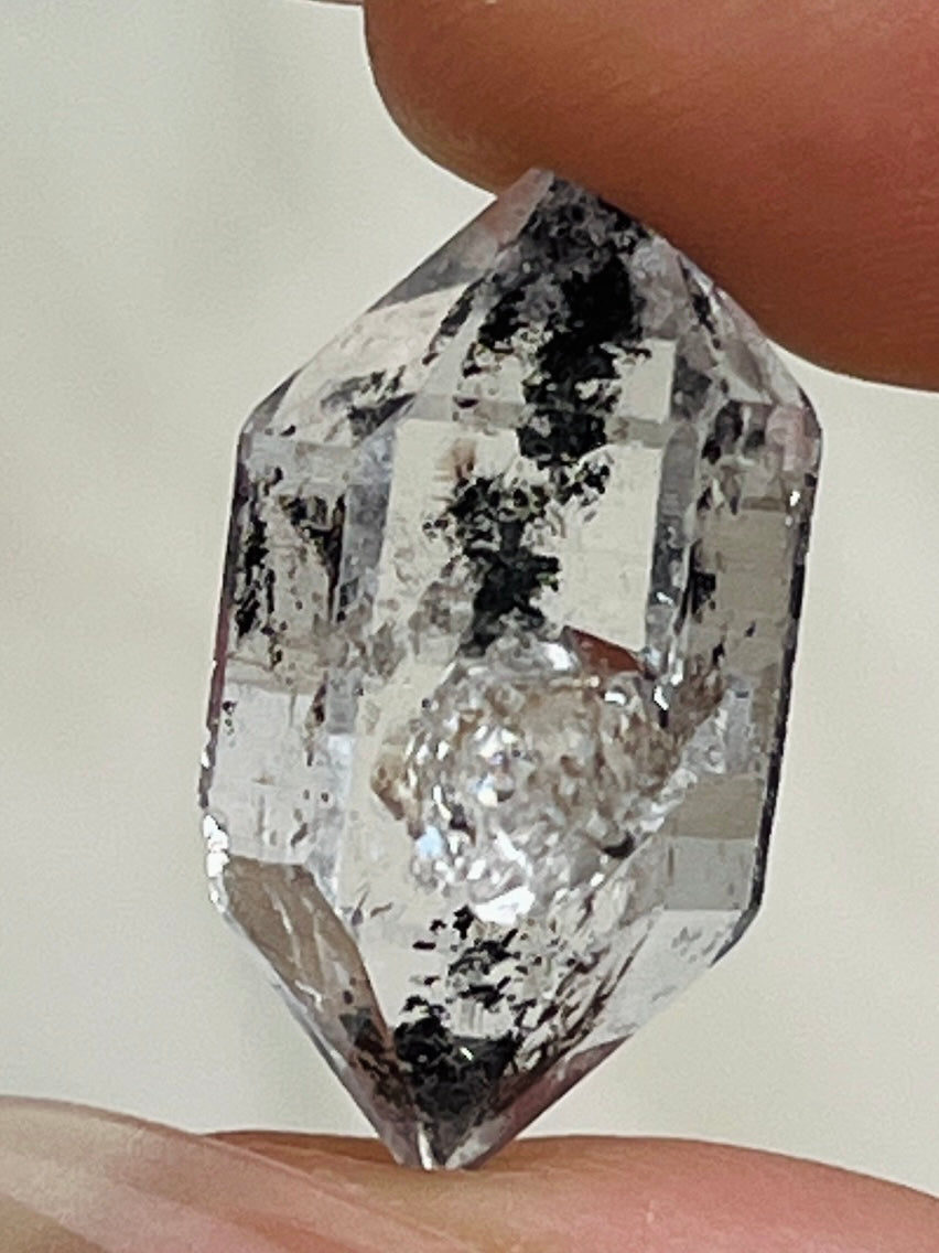 Transparent Chongqing Diamond Quartz cluster with calcite inclusion and natural key mark from China