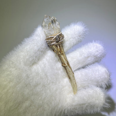 Etched Quartz Cluster Antler Wand with phantom quartz and moonstone accent on a white glove background