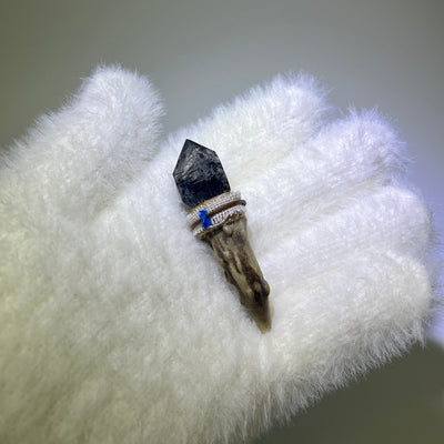 Graphite Phantom Antler Wand with Blue Apatite accent, mounted on a naturally shed deer antler and wrapped in beige thread.