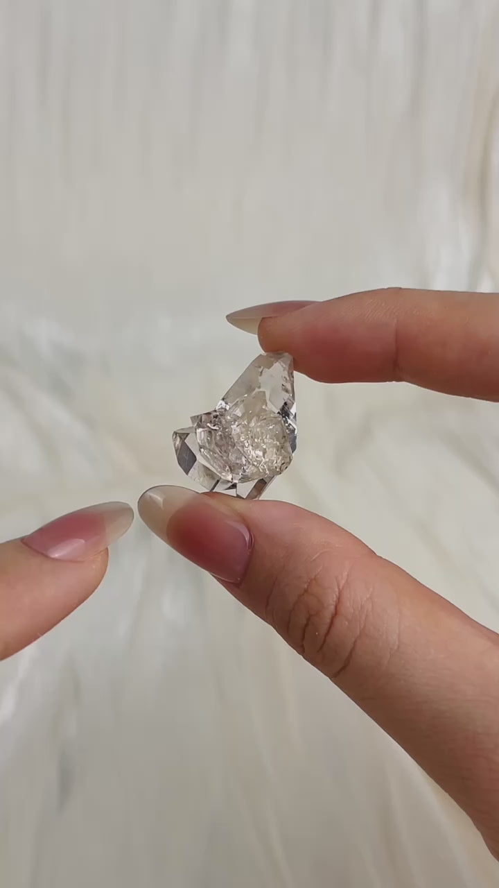 Chongqing Diamond Quartz cluster with inky flower inclusion and partial rider crystal from China video