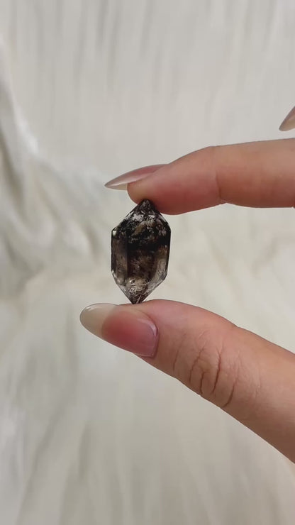 Smoky Chongqing Diamond Quartz with Isis face, Time Link window, calcite inclusion, and rider crystals from China video