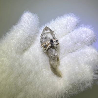 Front view of Record Keeper Phantom Quartz Antler Wand showing Enhydro and Isis face