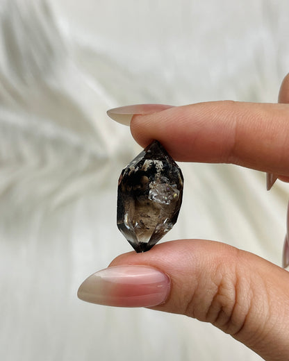 Smoky Chongqing Diamond Quartz with Isis face, Time Link window, calcite inclusion, and rider crystals from China2