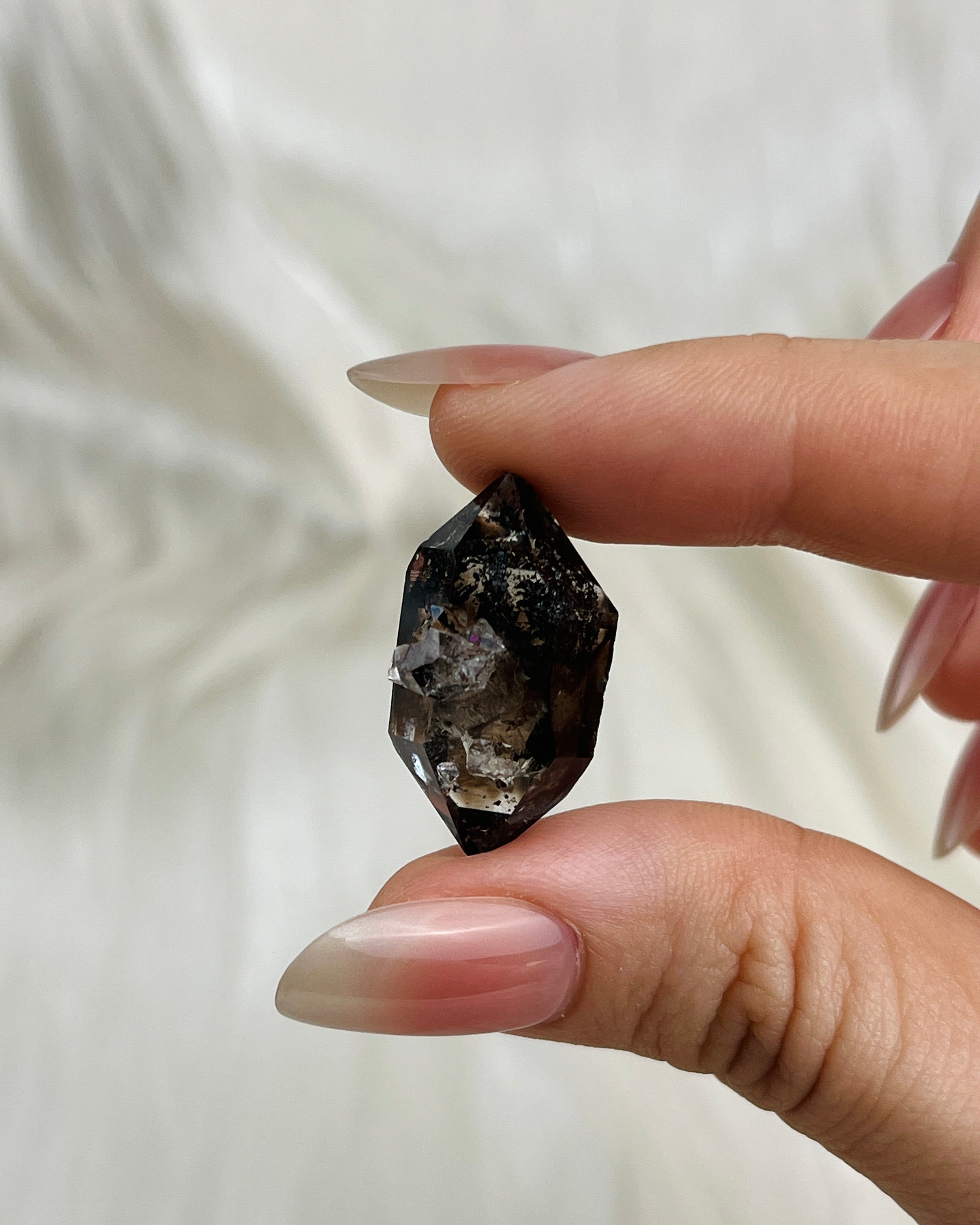 Smoky Chongqing Diamond Quartz with Isis face, Time Link window, calcite inclusion, and rider crystals from China3