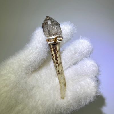 Smoky skeletal phantom quartz wand with picture jasper accents and white thread binding