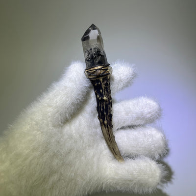 Twin Phantom Hidden Mountain Quartz wand mounted on dark-textured deer antler, accented with moonstone and brown thread.