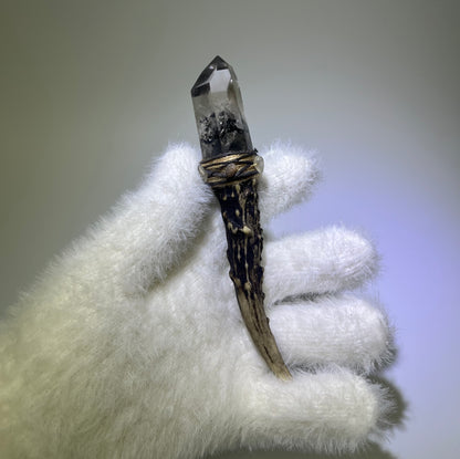 Twin Phantom Hidden Mountain Quartz wand mounted on dark-textured deer antler, accented with moonstone and brown thread.