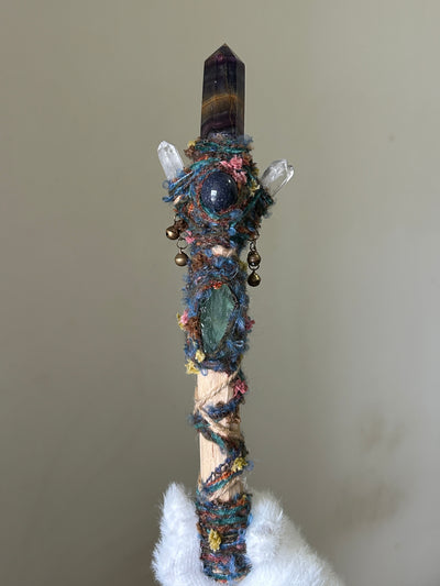 Front view of birch wand with rainbow fluorite and blue lace agate accents