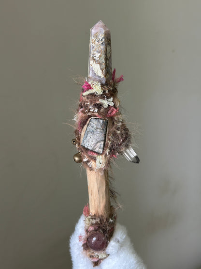 Front view of birch wand with sakura agate and labradorite accents
