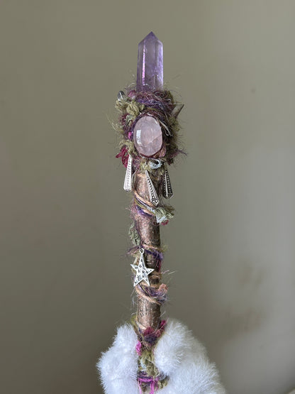 Front view of willow wand with amethyst point and rose quartz accent